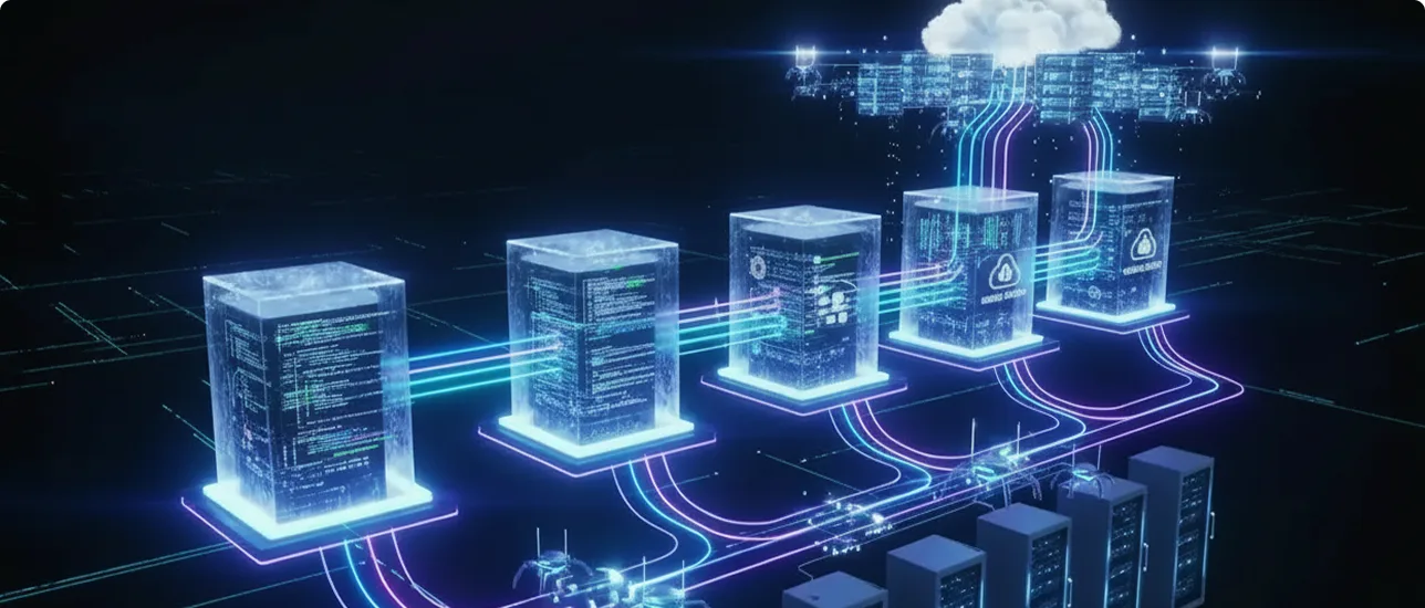 Cloud-based CI/CD pipeline connecting multiple servers with automated deployment workflows, depicting futuristic DevOps services 